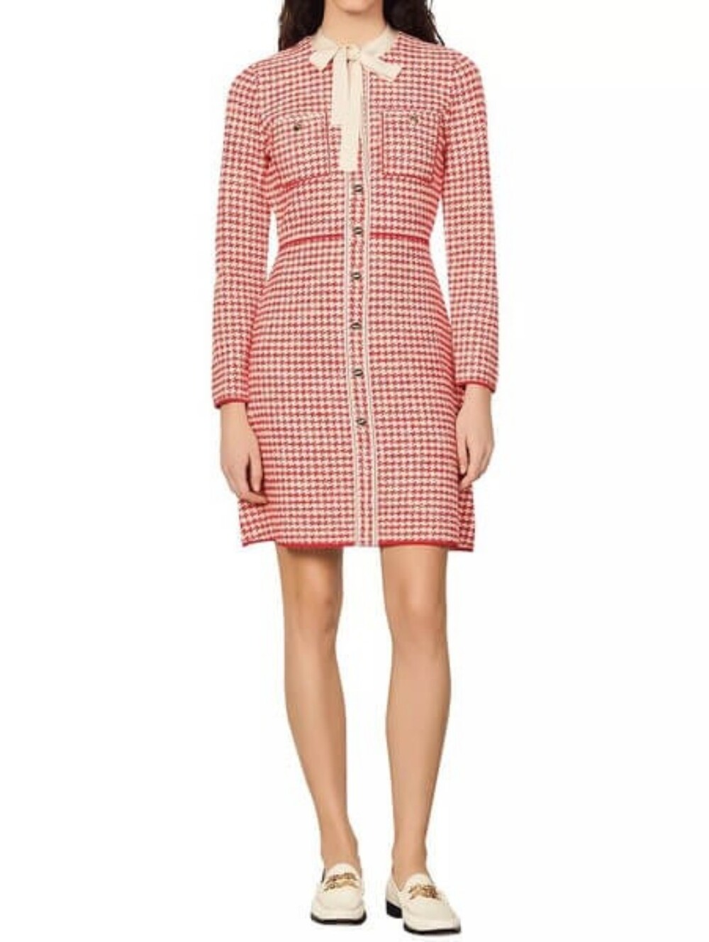 Sandro Edmee Tie Collar Red And White Tweed Dress Size 36